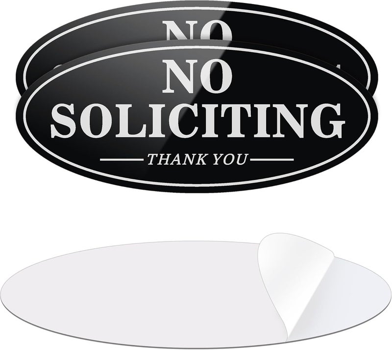 MongFun No Soliciting Sign for House Door, Self-adhesive 7" x 3" Metal Signs for Office Wall, Durable UV and Easy Mounting, Oval Design with Black White Colors (2 Pack BLACK) - Image 1